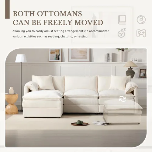 Vista 7 de Sofá modular modular en forma de L de 103.5 pulgadas para sala de estar, cómodos sofás de felpilla de 4 plazas con otomana móvil (crema)