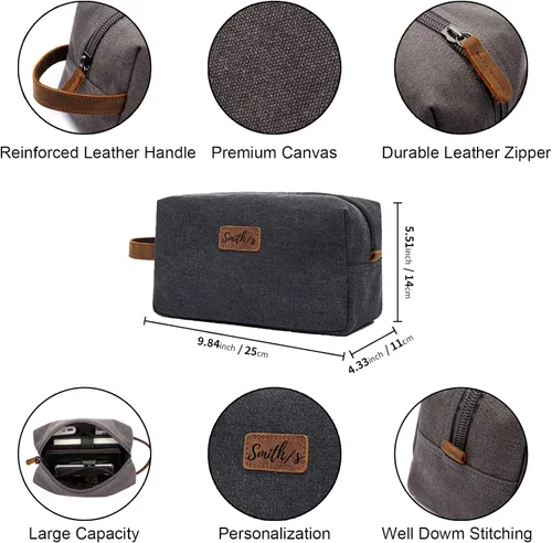 Vista 4 de Neceser personalizado para hombres, kit de aseo personalizado de lona para afeitar, bolsa de aseo grabada con láser, kit de lona de cuero