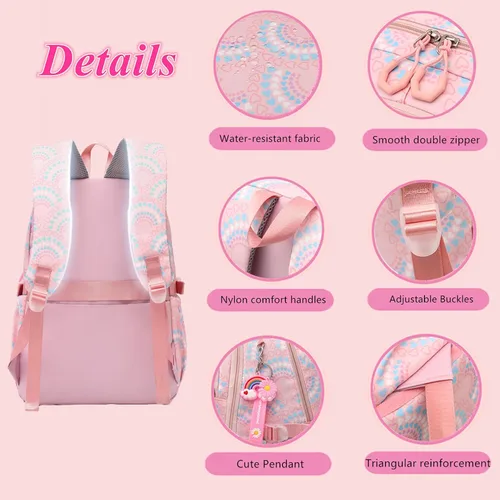 Vista 6 de Mochila de escuela primaria para niñas, bolsa impermeable para estudiantes con lonchera y estuche para lápices