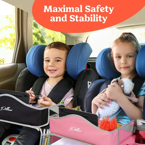 Vista 6 de PILLANI Bandeja de viaje para niños para el coche - Bandeja para asiento de coche para niños, artículos imprescindibles para viajes por carretera