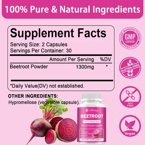 Vista 2 de Cápsulas de raíz de remolacha – 1300 mg de remolacha pura orgánica en polvo 60 cápsulas, suministro de 30 días Suplemento natural y vegano