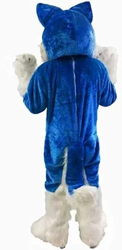 Vista 3 de Disfraz de dibujos animados de lobo azul de peluche con máscara para adultos Cosplay Party Halloween Dress Up