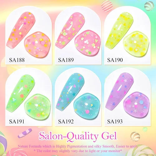 Vista 10 de MEET ACROSS Juego de esmaltes de uñas de gel luminosos de caramelo de 6 colores, esmalte de uñas de gel que brilla en la oscuridad con cepillo
