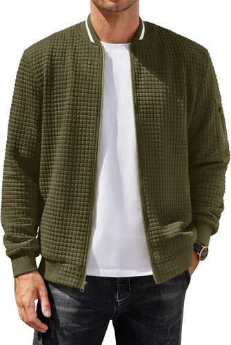 Vista 17 de COOFANDY - Chaqueta de suéter con cremallera para hombre, sudadera acanalada, bomber ligera, casual