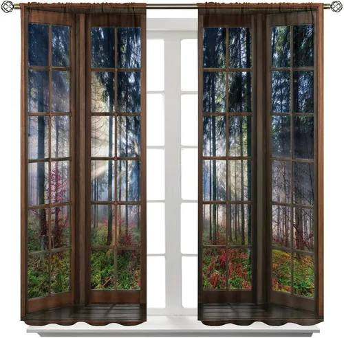 Vista 104 de Cortinas de paisaje, ventana 3D, primavera, bosque, vida silvestre, paisajes de naturaleza, dormitorio, sala de estar, cortinas térmicas opacas de 2