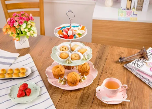 Vista 7 de Jusalpha 3-Tier porcelana china pastel soporte para postres, pasteles, fiesta de té, bandeja de servir, Dorado