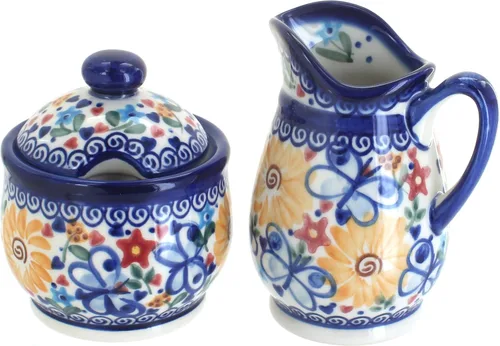 Vista 3 de Set de crema y azúcar de flor de manzana y cerámica polaca de rosa azul