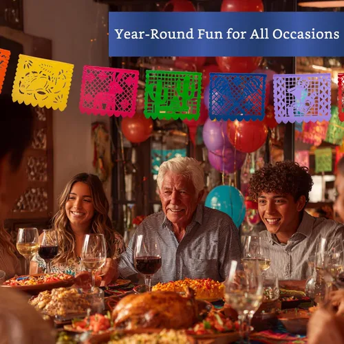 Vista 8 de Pancartas de fiesta mexicana (paquete de 5 con 10 banderas de plástico por bandera), papel picado mexicano para fiesta, papel picado de plástico