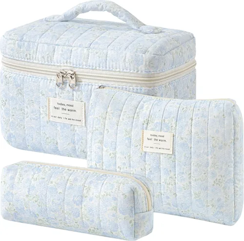 Vista 45 de HBselect Bolsa de Maquillaje Acolchada, 3 Piezas de Gran Bolsa de Maquillaje de Viaje de Algodón, Linda Bolsa de Maquillaje Floral Coquette, Bolsa