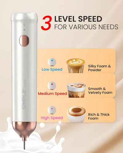 Vista 3 de SIMPLETASTE Espumador de leche recargable de mano, 3 velocidades