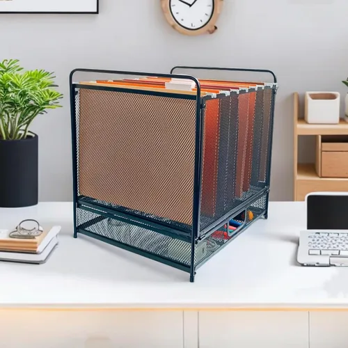 Vista 3 de Organizador de archivos colgante de escritorio de malla con cajón, suministros de oficina y organizador de archivos para el hogar, tamaño carta