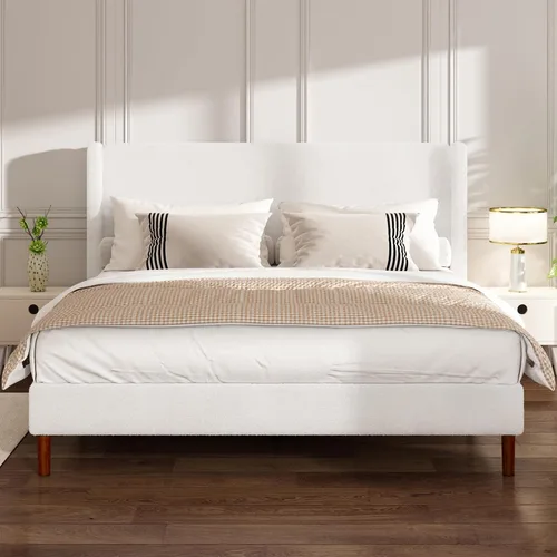 Vista 11 de Base de cama matrimonial, plataforma tapizada Boucle con cabecera con respaldo de alas, fuerte soporte de listones de madera, base de colchón sin