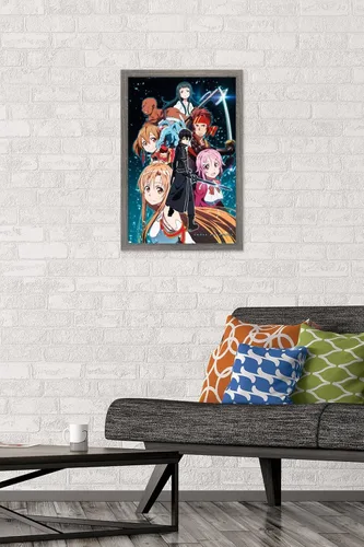 Vista 2 de Trends International Sword Art Online - Póster de pared Key Art 2, 22.4 pulgadas de largo x 14.7 pulgadas, versión enmarcada en madera de granero