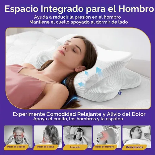 Vista 2 de Almohada cervical para aliviar el dolor de cuello, almohada ergonómica de espuma viscoelástica de doble altura con funda transpirable refrescante