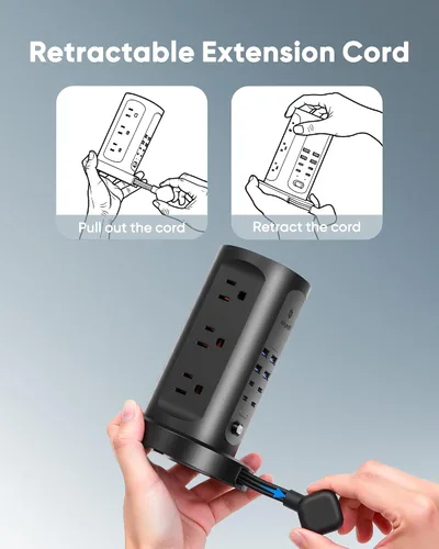 Vista 2 de Kakyanill Estación de carga USB de 30 W, torre de regleta de alimentación, 9 salidas de CA con 8 puertos USB (4 USB-C), cable de extensión retráctil