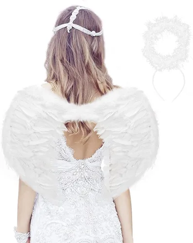 Vista 2 de Diadema con halo y alas de ángel para niños disfraz con plumas fiesta de cosplay de disfraces para niñas mujeres y adultos