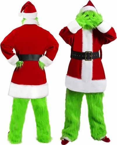 Vista 9 de Christmas Green Monster Costume Adult, 8PCS Green Santa Suit Deluxe Furry Santa Costume Set Luxury Santa Outfit