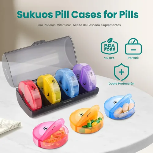 Vista 2 de Sukuos - Organizador semanal de pastillas grande, dos veces al día; pastillero diario de 7 días fácil de abrir con doble protección, estuche