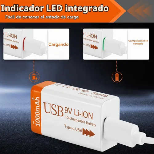 Vista 6 de Baterías recargables de litio 9V 1000mAh con 2 en 1 cable de carga USB Batería de iones de litio 6f22 de 9 voltios para detector de humo, pedales