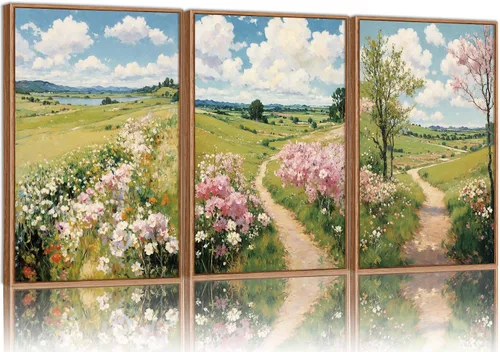 Vista 34 de Tinonedraw Arte de Pared en Lienzo Enmarcado de Paisaje de Montaña Beige, Decoración de Pared Moderna Abstracta de Mediados de Siglo, Arte de Lago