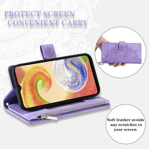 Vista 3 de Asuwish Funda de teléfono para Samsung Galaxy A04e con protector de pantalla de vidrio templado y correa para la muñeca Mandala Flower de cuero
