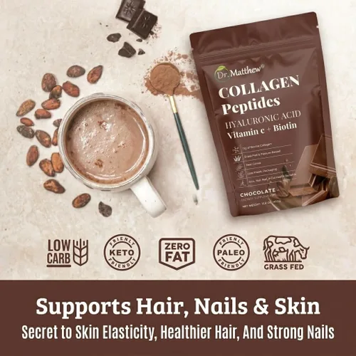 Vista 2 de Colágeno en polvo de chocolate. Colágeno con ácido hialurónico y vitamina C. Péptidos de colágeno de chocolate en polvo. Colágeno con vitamina C