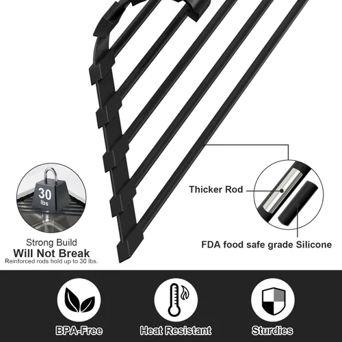 Vista 4 de HANZENMA Estante triangular para fregadero, estante multifuncional sobre la encimera, esterilla plegable para secar el fregadero, resistente al Negro