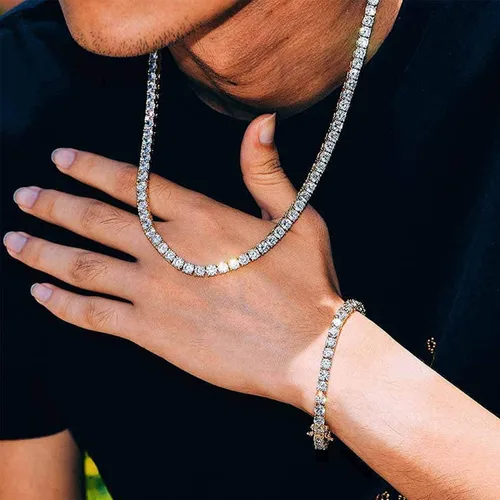 Vista 3 de putouzip Tennis Chain Necklace Bracelet For Men 18K Gold Plated 345MM Round Cut Faux Diamond Link Chains Jewelry Set