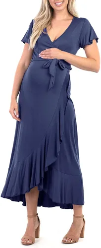 Vista 2 de Mother Bee Maternity Vestido de volantes de manga mariposa con cinturón ajustable Dkdenim