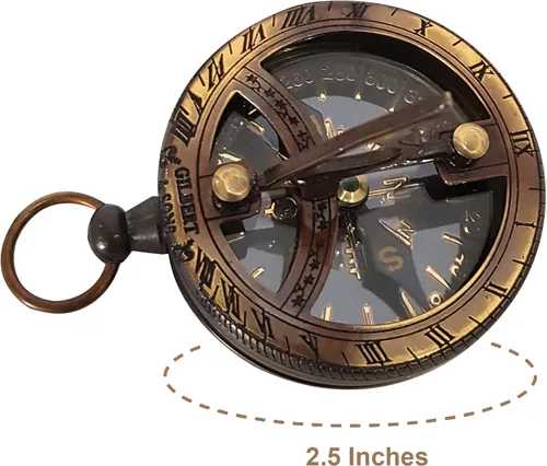 Vista 6 de Brújula de reloj solar de bolsillo con acabado de latón marino, brújula náutica antigua Gilbert Son estilo Londres, latón grabable y vidrio