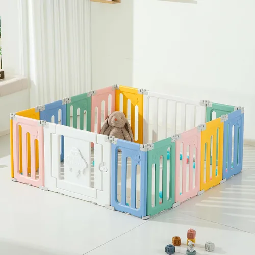 Vista 11 de Bestgame - Corralito para bebés - 14 paneles extragrandes plegables para niños pequeños, valla portátil en forma de OVNI, puerta, patio - Azul