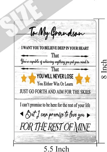 Vista 5 de Zomyto Letrero creativo de hojalata con texto en inglés «To My Grandson», regalo para nieto de parte de la abuela y abuelo, regalos para cumpleaños