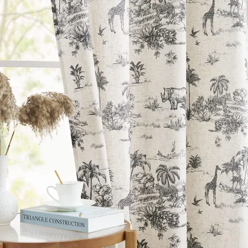 Vista 17 de Jinchan Cortinas de lino para sala de estar de 63 pulgadas de largo, con estampado de hojas tropicales, cortinas botánicas de lino estilo rústico