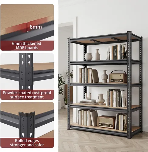 Vista 3 de 3000LBS Heavy Duty Garage Shelving, Real 0.8mm Single-Layer Steel Frame, 5-Tier Metal Storage Shelves (46" W x 20" D x 72" H), Adjustable Boltless