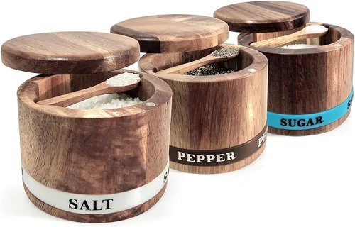 Vista 12 de ThougrLyh Bodega de sal, recipiente de sal de madera de acacia con tapa y cuchara, etiqueta de caja de sal grabada desmontable y cierre magnético