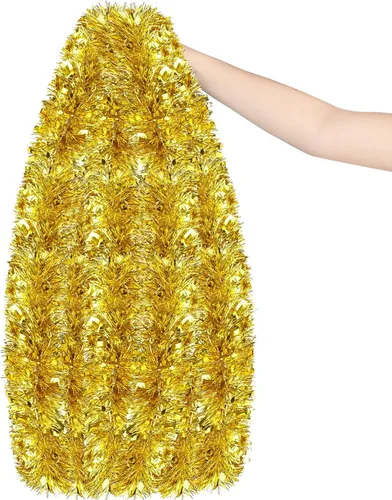 Vista 7 de Guirnalda de oropel dorada de Navidad de 50 pies, guirnalda metálica brillante con diseño de oropel colgante para adornos de árbol de Navidad