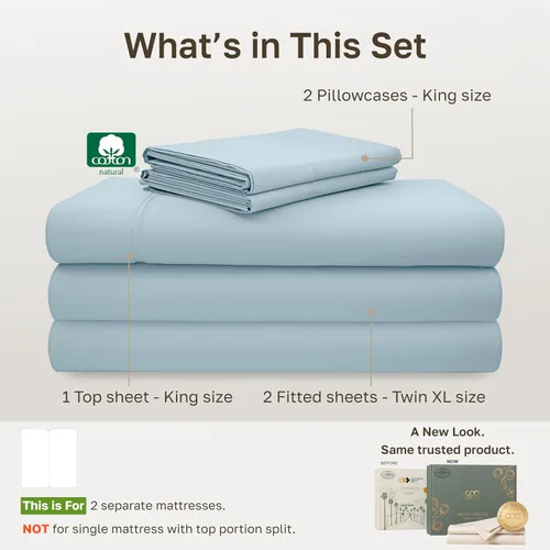 Vista 122 de California Design Den - Juego de sábanas de tamaño King dividido 100% algodón, 600 hilos, tejido satinado suave y transpirable, para cama ajustable