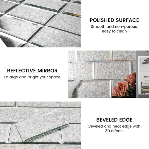 Vista 5 de Azulejos de Espejo Antiguo Biselado Autoadhesivos Estilo Metro de 3 x 6 Pulgadas para Salpicaduras de Cocina y Pared del Baño (40 Piezas)