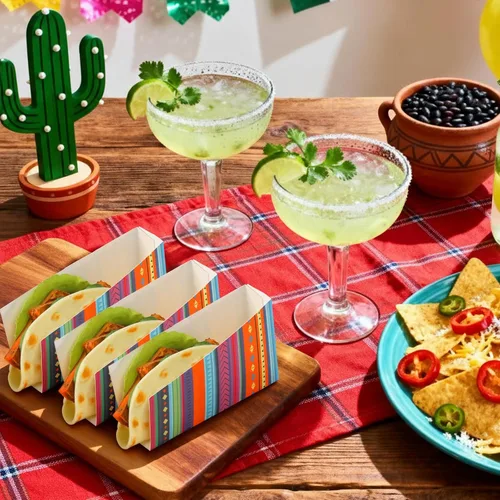 Vista 3 de 50 piezas de Taco Nights Mexican Cinco De Mayo Party Taco Holder Mexican Nacho Popcorn Bandejas sin ensamblar Snack Soporte de papel desechable