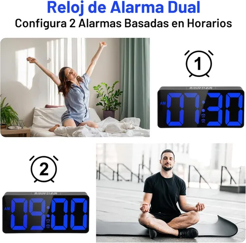 Vista 3 de PPLEE Reloj despertador para dormitorio con luz nocturna y dígitos atrevidos, reloj digital de 7 pulgadas con alarmas dobles y puertos de carga USB