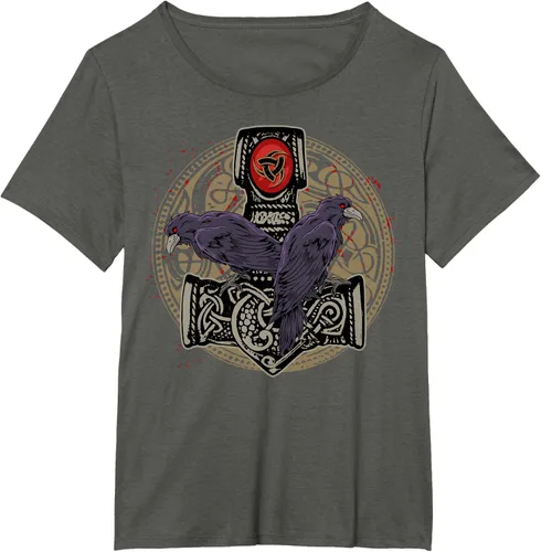 Vista 48 de Thors Hammer Mjolnir Huginn and Muninn Odin Raven - Camiseta, Negro, S