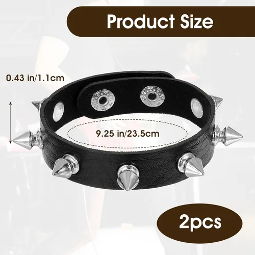 Vista 2 de WLLHYF Pulsera ajustable de cuero con tachuelas punk rock negro Emo pulseras góticas para hombres y mujeres