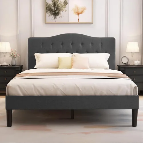Vista 10 de VECELO Base de cama de plataforma de tamaño individual con cabecera tapizada de tela y soporte de listones de madera, no necesita somier/fácil Beige