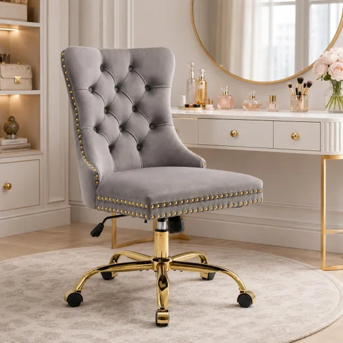Vista 17 de Silla de tocador de maquillaje de terciopelo beige con ruedas