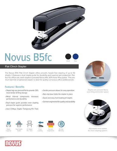Vista 6 de Novus B5fc - Engrapadora plana, capacidad para 50 hojas, guía de doble grapa, ingeniería alemana, grapa, pasador, tachuela, color negro (020-1454)