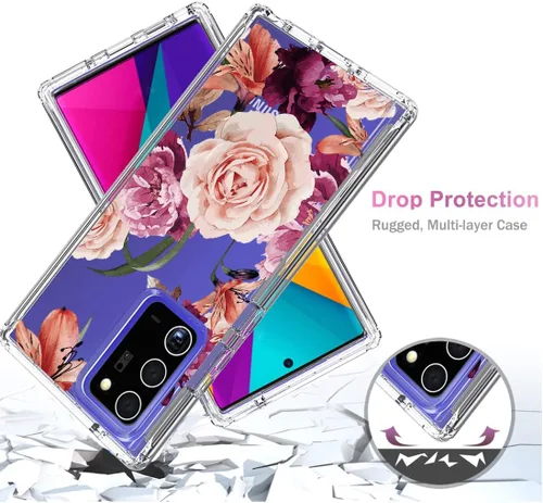 Vista 7 de Funda para Galaxy Note 20 Ultra 5G SM-N986U con protector de pantalla de vidrio templado, cuerpo completo transparente con protección floral funda