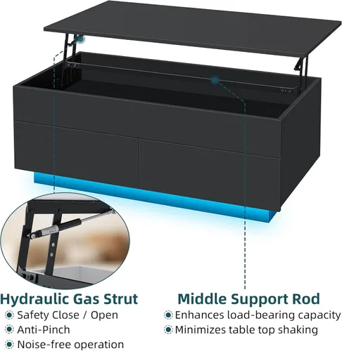Vista 6 de HOMMPA Mesa de centro elevable de 40 pulgadas, mesas de centro negras con almacenamiento para sala de estar, mesa de centro moderna LED, mesa