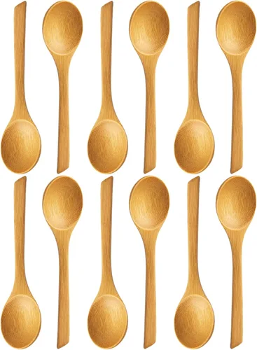 Vista 10 de Juego de 12 cucharas pequeñas de bambú, cucharas de postre de madera de 5.5 pulgadas para helados, yogur, aperitivos, cucharas de degustación