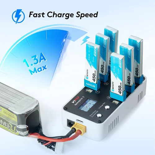 Vista 3 de VIFLY WhoopStor V3 6 Puertos 1S LiPo Cargador de almacenamiento de batería y descargador con pantalla LCD Pequeño cargador Whoop con conectores