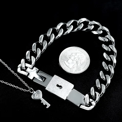 Vista 8 de Uloveido Juego de collar con colgante de llave de acero de titanio y pulsera cuadrada para parejas, regalos de valetines, Metal, circonita cúbica